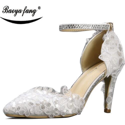 White Lace ankle strap shoes woman Thin heel pointed toe Womens wedding shoes belt ladies party dress shoes High Pumps