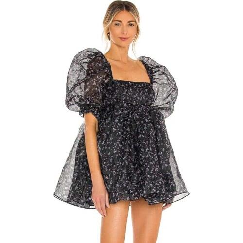 BOHO INSPIRED vintage black floral tulle dress for women mini chic ladies party dress puff sleeve square neck dresses for women