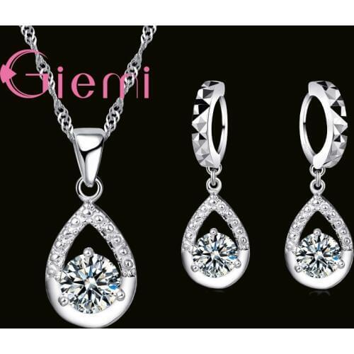 Classical Soild 925 Sterling Silver Clear Crystal Cubic Zirconia Pendant Necklace Earrings Jewelry Sets For Women Ladies