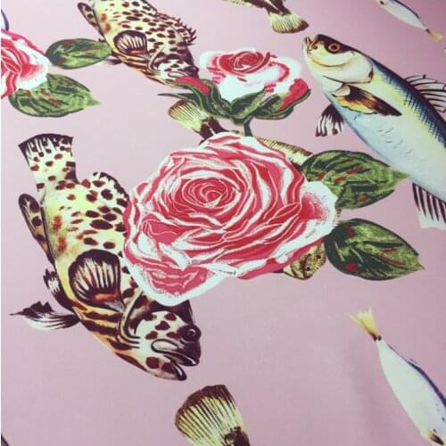 Spring and summer European designer fabric small fish flower pattern digital printing imitation silk stretch satin skirt fabric