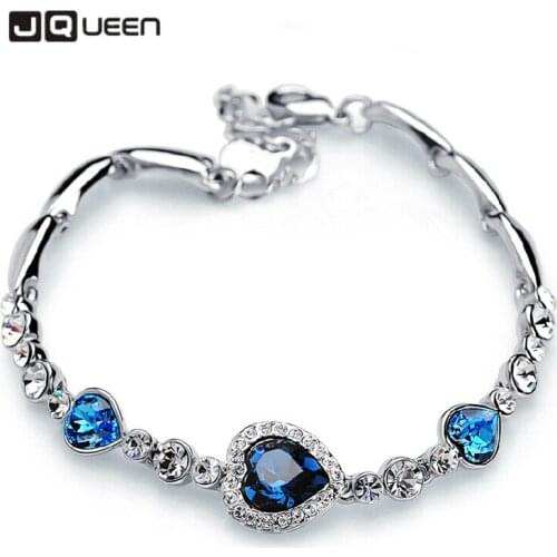 Stylish Women New Fashion Ocean Blue Sliver Plated Crystal Rhinestone Heart Charm Bracelet Bangle Jewelry