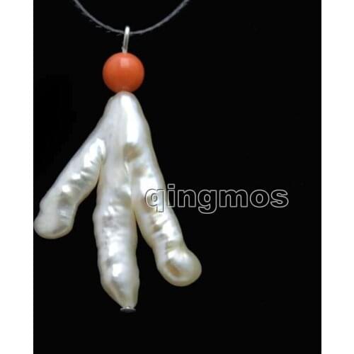 Qingmos 20*30mm BAROQUE Chicken Toe Natural Freshwater White Pearl Pendant Necklace For Women with Pink Coral Choker Cord 17-19"