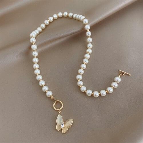 IOY IRENE Vintage Opals Butterfly Pendant Necklace For Women Beaded Pearl Chokers Necklaces Party Jewelry
