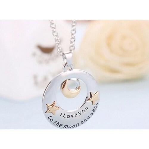 Alloy Moon and Star Pendant Necklace Mothers Day Gifts "I love you to the Moon and back" Letters Chain Necklaces