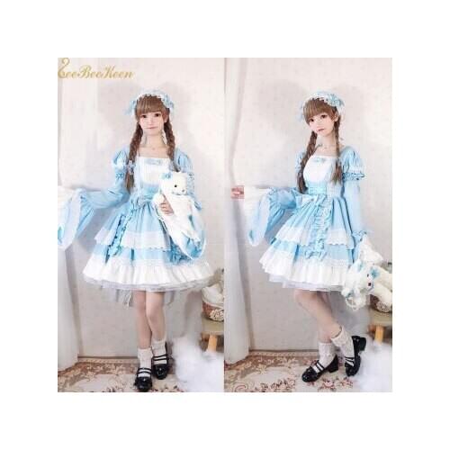 Girls sweet Lolita Maid Dress Princess Dress Blue Lolita Forked Tail Adult Anime Game Halloween Cosplay Costume Gothic Lolita