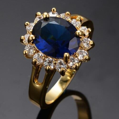 Luxury Female Big Dark Blue Zircon Ring Vintage Yellow Gold Color Flower Ring Unique Style Wedding Engagement Promise Queen Ring