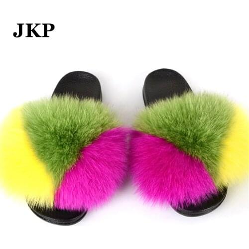 Real Fox Fur Slides New Womens Summer Non-slip Fluffy Fur Slippers Ladies Cute Colour Plush House Shoes Casual Sandals TX14