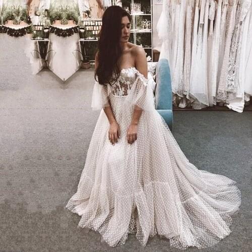 Boho Wedding Dresses A-line Off The Shoulder Tulle Appliques Lace Dubai Arabic Wedding Gown Bridal Dress Vestido De Noiva