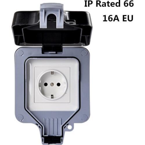 IP66 Weatherproof Waterproof Outdoor Wall Power Socket 16A EU Standard Electrical Outlet Grounded AC 110~250V