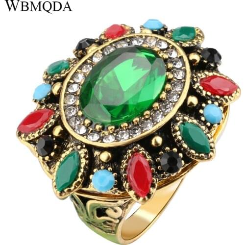 Wbmqda Exaggeration Sunflower Rings For Women Antique Gold Mosaic Green Resin Crystal Big Ring Christmas Gift Vintage Jewelry