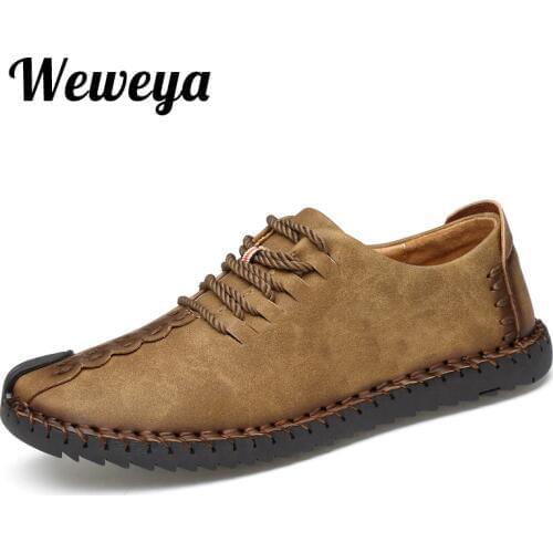 Weweya 2020 Spring Leather Casual Shoes Men Handmade Vintage Shoes Flats Luxury Walking Shoe Loafers Moccasins Big Size 38-48