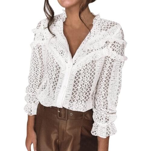 Elegant Flower Lace Hollow Out Shirts Women Stand Neck Long Sleeve Chic Blouse Spring Autumn Female Fashion Button Cardigan Tops