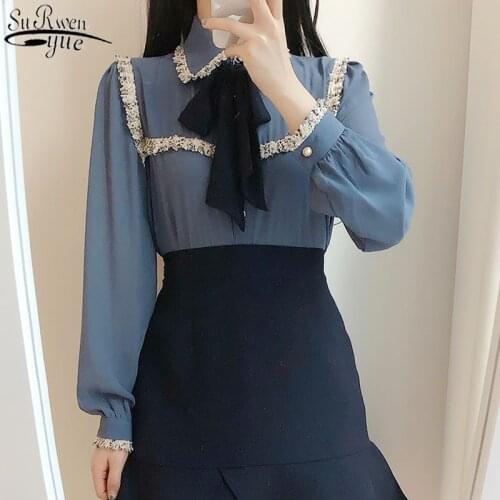 Sweet Tassel Lace Splice Bow Tie Blouse Women Solid Color Long Puff Sleeve Tops Women Pearl Button Cardigan Shirts Blusas 11608