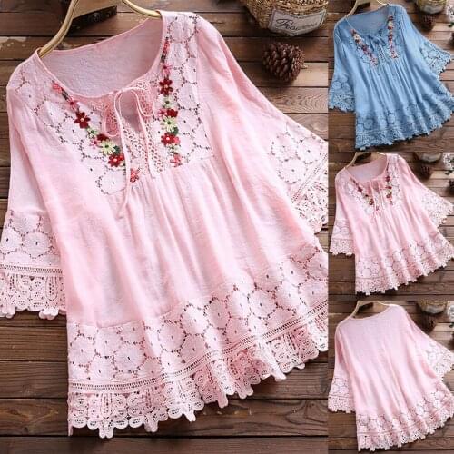 Women Three Quarter Sleeve Buttons Lace Sexy V-neck T-Shirt Casual Classic Solid Color Blouse Top Daily All-match Girls T-shirt