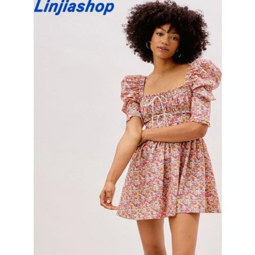 2021 floral print puff sleeve sexy summer dress women vestidos de fiesta de noche vestidos party mini dress