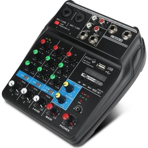 A4 Sound Mixing Console Bluetooth USB Record Computer Playback 48V Phantom Power Delay Repaeat Effect 4 Channels USB Audio Mixer