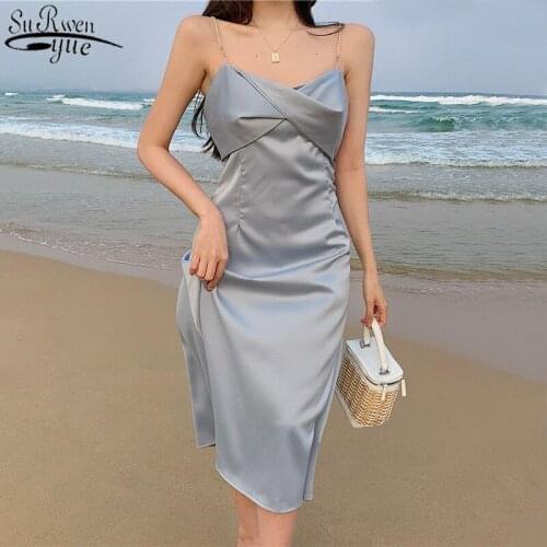 2021 Stain Casual Sexy Dresses Summer Fairy Sleeveless Long Dress V Neck Party Dress Evening Clothing Blue Apricot Robe 14572