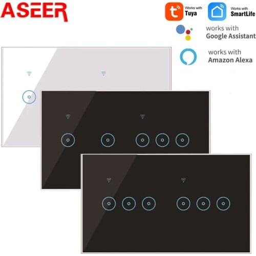 ASEER Tuya Smart Life EU UK Smart Switch 1-2-3-4-5-6 Gang WIFI Switch with Socket,AC90-250V wifi smart light wall switch socket