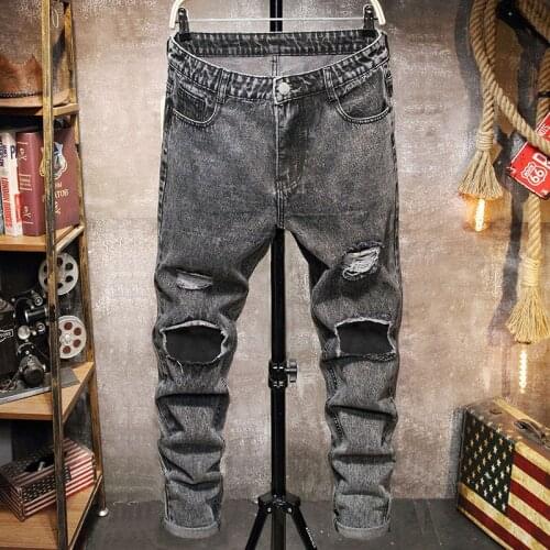 Summer New Mens Ripped Jeans High Street HIP HOP Punk Stretch Bike Pants Trendy Holes Straight Denim Trousers