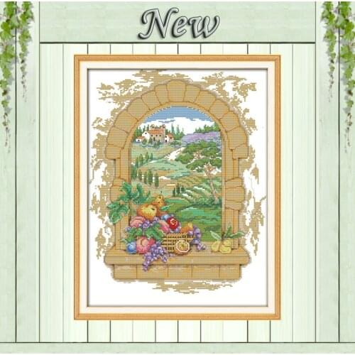 Mountain village window view fruits paintings counted print on canvas DMC 11CT 14CT kits Cross Stitch embroidery needlework Sets