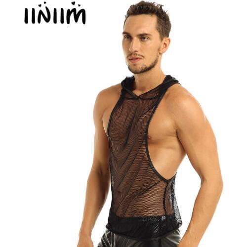 Iiniim Mens Lingerie Clubwear Fishnet See-through Hooded Vest Tank Top Breathable Wetlook Undershirt for Evening Party Clubwear
