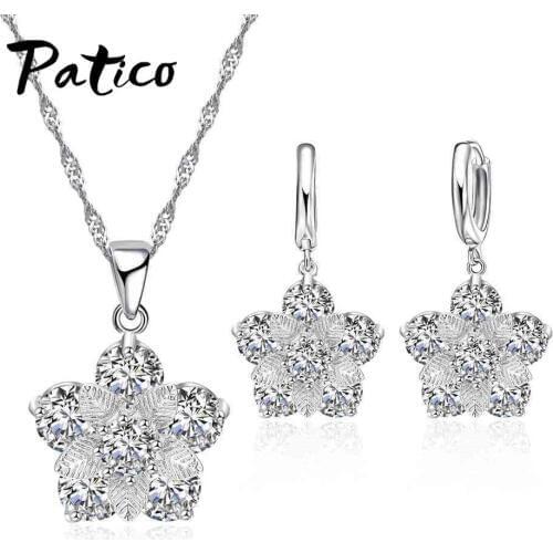 925 Sterling Silver for Women Necklace and Earrings Sets Wedding Party Jewelry Flower Crystal Shape Cubic Zirconia