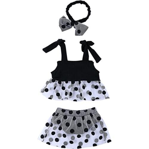 Girl Clothes Set Casual Summer Children Girls Outfits Polka Dot Printed Strap Top T-shirt+Mesh Skirt PP Shorts+Headband 3 Pcs