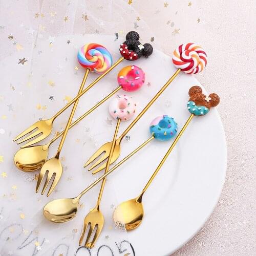 Stainless Steel Mickey Doughnut Spoon Fork Cake Coffee Dessert Tea Ice Cream Stirring spoons Candy Cute Cartoon Teaspoon 1PC