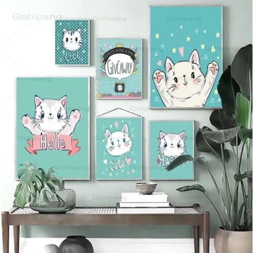 Cartoon Cat Kitty Canvas Painting Children Poster Baby Room Decor Nursery Wall Art Canvas Painting Prints Girl Bedroom Pictures