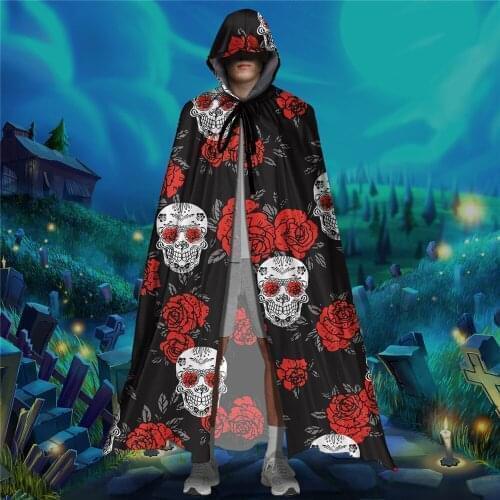 New Arrival Adult Witch Long Black Cosplay Cloaks Rose Sugar Skull Brand Design Hooded Capes Halloween Costumes for Women Men