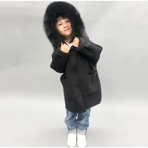 Autumn Child Mid-Length Fashion Casual Cashmere Wool Coat With Big Fox Fur Trim Hood Girls Winter Clothes MJF-KC-01