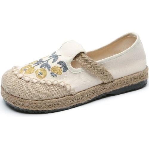 Autumn Women Flat Shoes Cotton Linen National Handmade Woven Round Toe Flats Flower Embroidered Shoes Zapatos