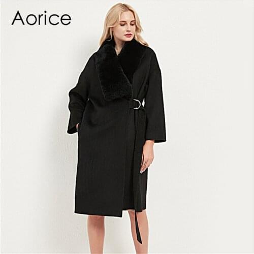 Aorice Women Real Fur Coat Jacket With Natural Rabbit Fur Collar Lady Female Girl Winter Blet X-long Trench Parka CT040
