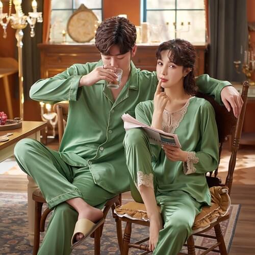 Couple Print Pajamas womens Silk Satin Pijamas Set Summer Sleepwear Short Sleeve Shirt Elastic Waist Shorts Pyjama Suit Homewea