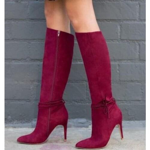 Moraima Snc High Quality Suede Boots Stiletto Heel Knee High Boots Sexy Pointed Toe Thin heels Woman Boots Riding Boots