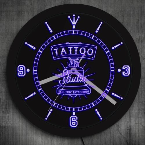 Tattoo Studio Electric Tattooing LED Colorful light Wall Clock Room Decor Time Watch Salon Night Light Lamp Clock