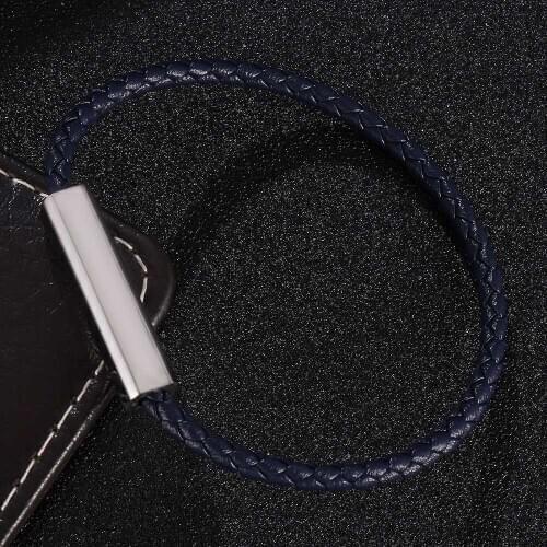 Navy Blue Leather Bracelet Men Stainless Steel Magnetic Clasp Handmade Men Bracelets Bangles Braided Leather Bracelet BB0629