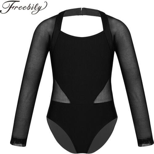 Kids Girls Long Sleeves Cutout Back Mesh Splice Ballet Leotards Girls Gymnastics Exercise Leotard Jumpsuit Child Dance Costume