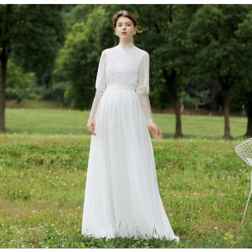 Vintage Long sleeve chiffon lace 2 piece bridal gown wedding dress muslim women maxi dress FANWEIMEI #2031 real photo factory