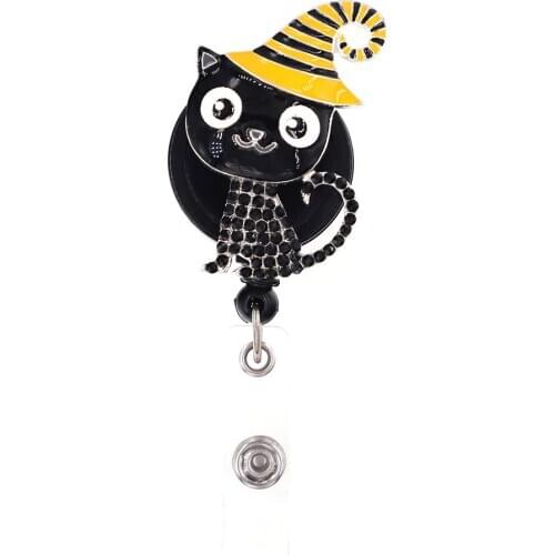 Retractable Rhinestone Enamel Animal Black Cat Shape Medical ID Badge Reel Holder With Alligator Clip For Halloween Gift