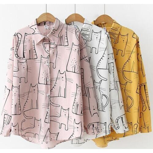 2019 Fashion Women Retro Cat Pattern Print Cotton Blouse Long Sleeve Lapel Collar Single Buckle Summer Spring Blouses Shirt