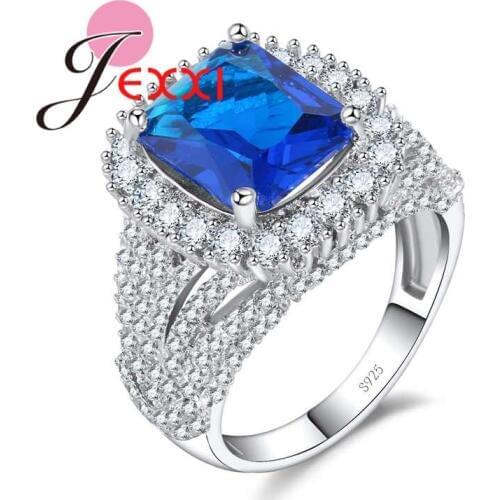 Women Blue Crystal Rings Fashion 925 Sterling Silver Bridal Wedding Jewelry Cubic Zirconia Proposal Ring For Engagement