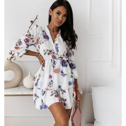 Sexy V-neck Lantern Long Sleeve Mini Dress Women Fashion Floral Print Spring Autumn Office Ladies Double Layer Dresses Femme