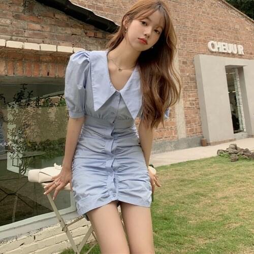 Temperament Office Lady Fashion Slim Summer Blue Puff Short Sleeve Single Breasted Pleated Shirts Dress Wrap Hip Mini Sexy