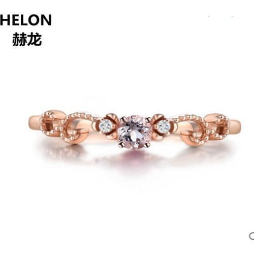 Solid 14k Rose Gold Natural Diamonds Engagement Wedding Ring for Women Round Natural Morganite Ring Vintage Unique Jewelry