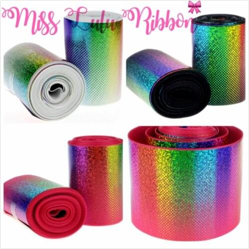 3"75mm Rainbow Holorgram Stripes Printed Solid Color Grosgrain Ribbon DIY Wedding Gift Bowknots Wrap 5yards/roll