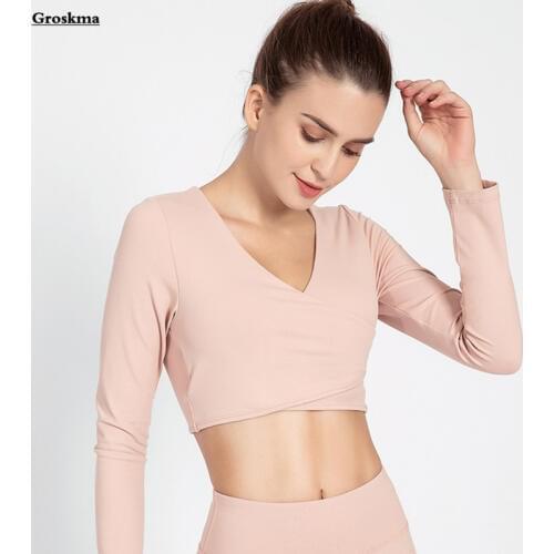 Quick dry breathable women yoga shirt long sleeve crop top fitness gym tops clothing womens sports running v-neck t shirt femme