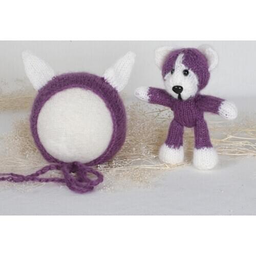 Baby Photography Hat Stuffed Wolf Toy Amigurumi Toy Knitted Newborn Hat and Toy Set Crochet Baby Boy Bonnet Knitted Bonnet Props