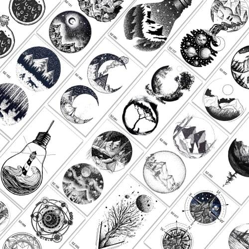 Qucious Black Geometric Temporary Tattoos Planet Mountain Forest Fake Body Art Arm Legs Tattoo For Adult Realistic Sheet Sticker
