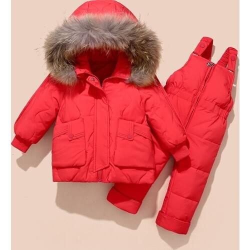 2pcs Set winter down jacket for girl and boys baby jumpsuit for children real fur collar warm baby winter clothes for 0-3Years